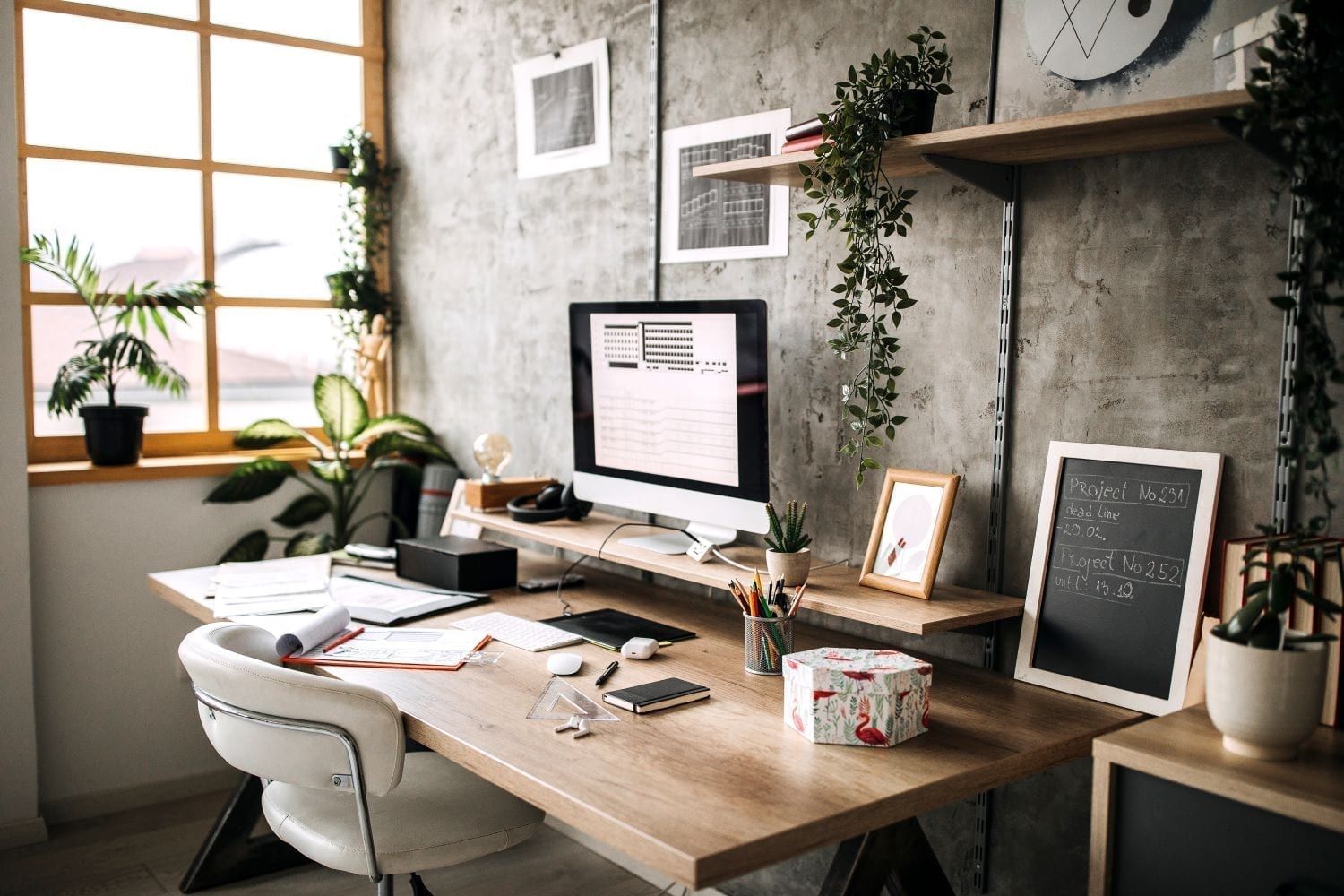 Modern home office workspace with computer, plants and industrial concrete wall design.