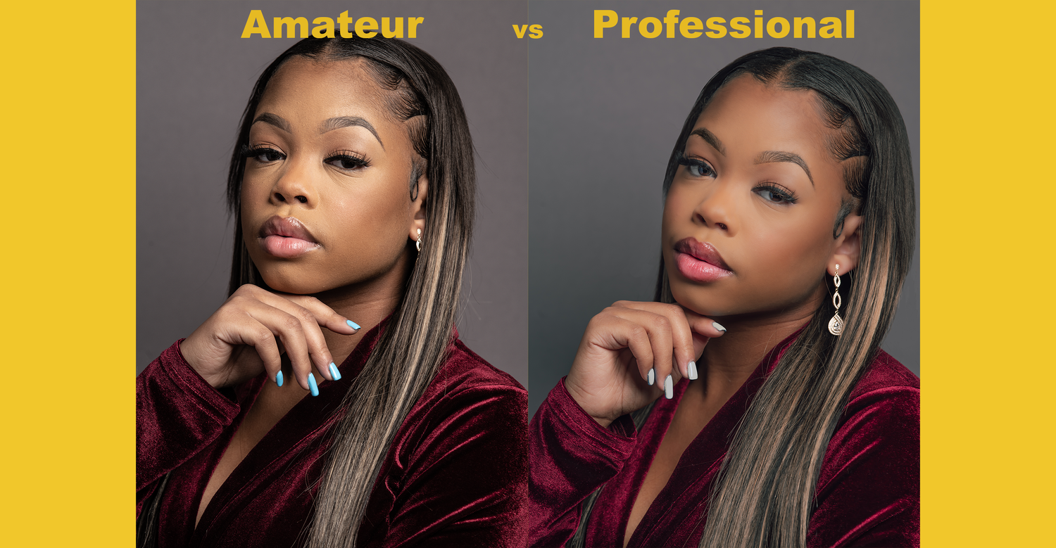 Side-by-side comparison of amateur versus professional portrait photography.