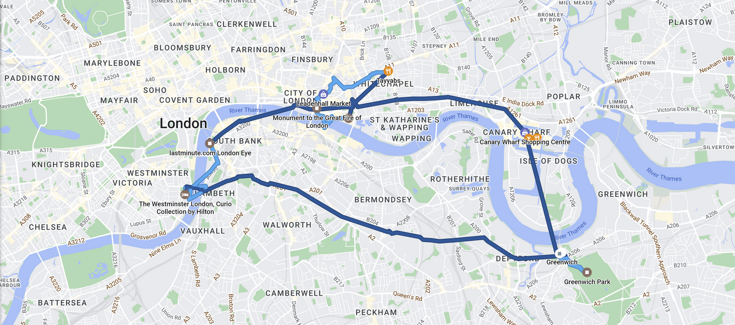 The Google timeline view of my path around London, England, UK