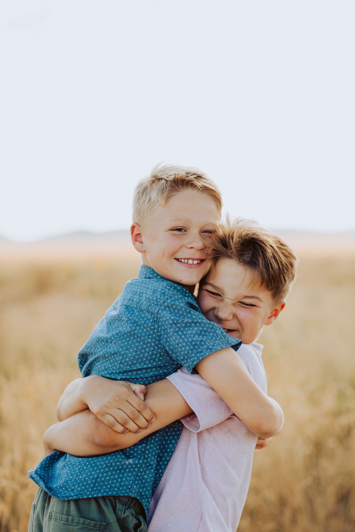 Heartwarming playtime moment of friendship in a golden wheat field.