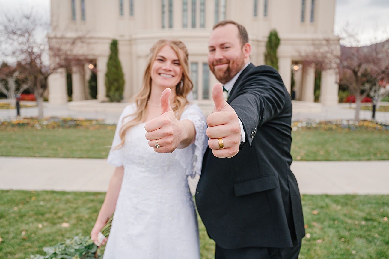 Newlywed couple shares joyful moments in a series of outdoor wedding photos with a church in the background.