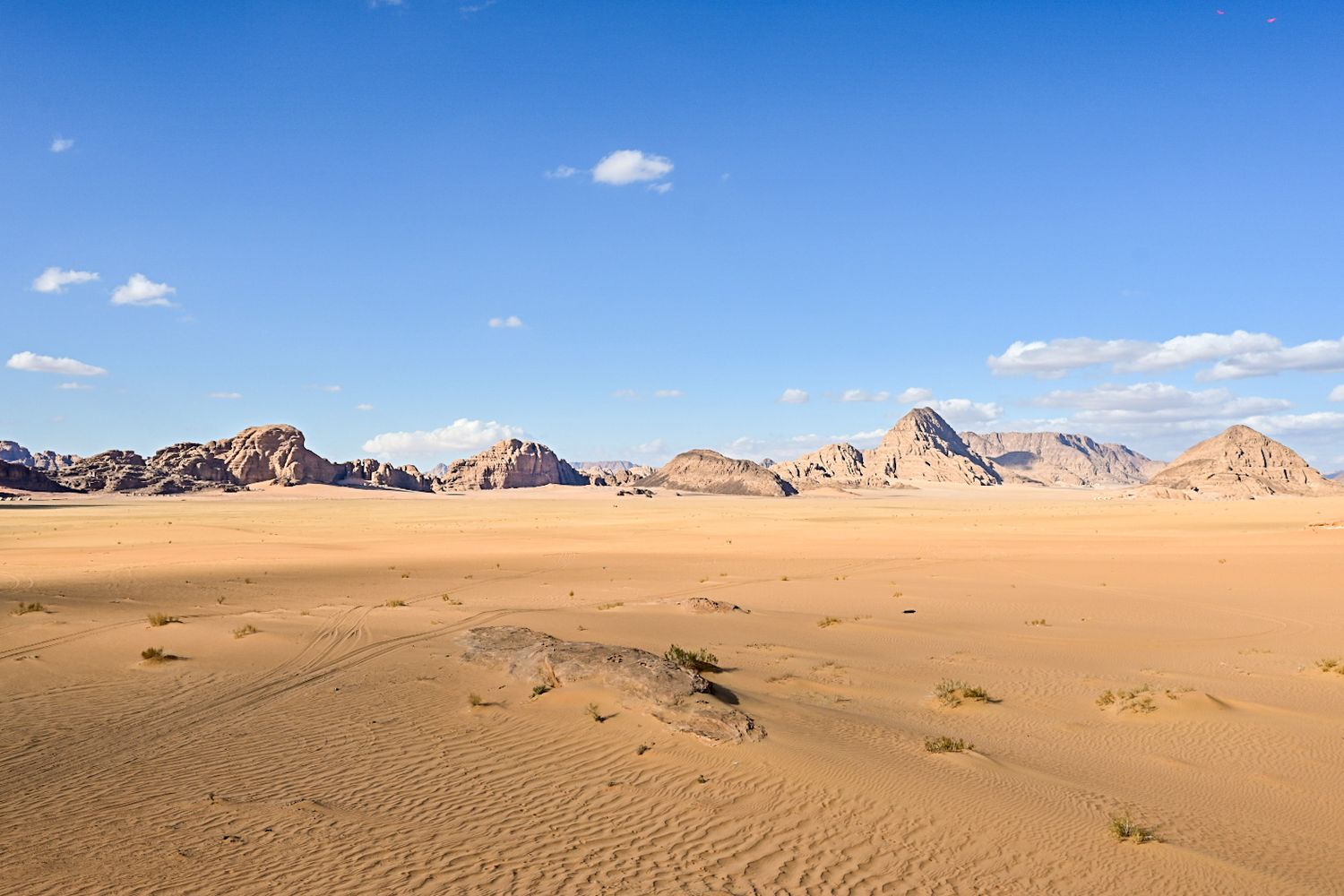 Rolling sand dunes stretch across the desert landscape with rocky mountains in the distance.