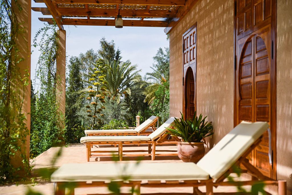 Terrasse avec transats face aux palmiers, invitant à la détente au cœur de la nature marocaine.