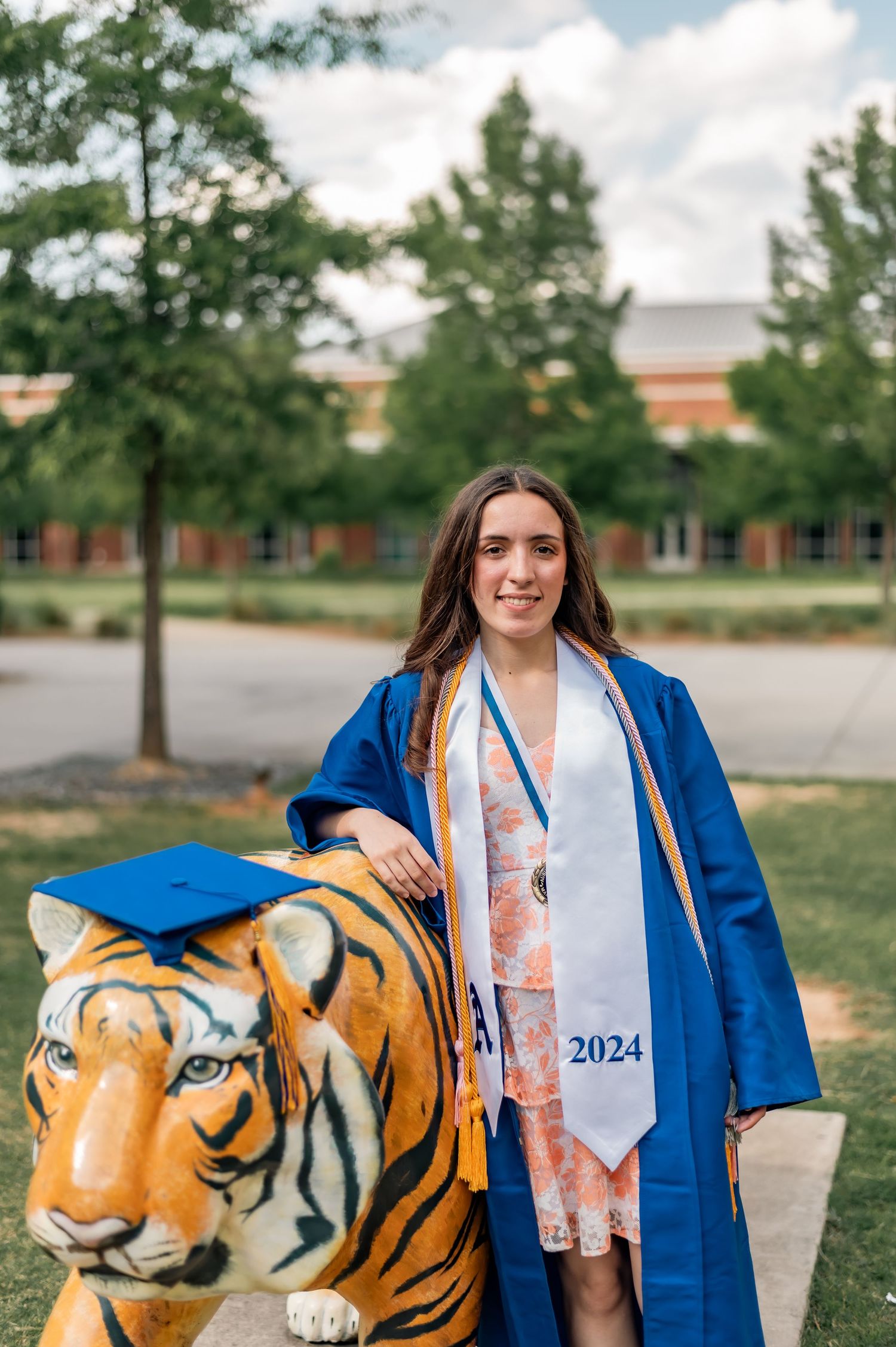 Graduate in blue academic regalia poses outdoors with decorative tiger statue and 2024 graduation stole.
