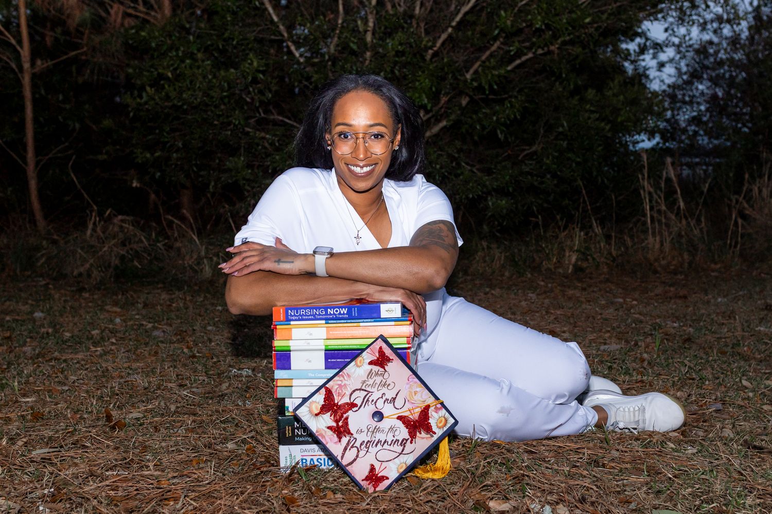 senior nursing student graduation photos by Samantha Ann Photo studio in Swansboro nc cap and gown near Jacksonville, hubert, Havelock