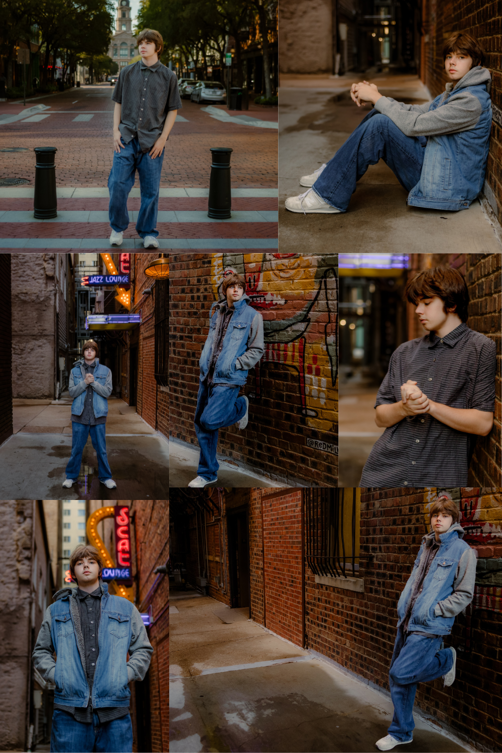 Collection of casual urban portraits featuring person in denim against brick walls and city streets.