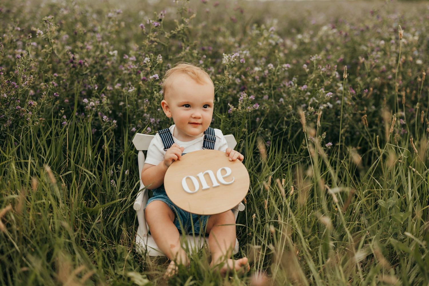 Small child sitting in wildflower field holding wooden 'one' sign.