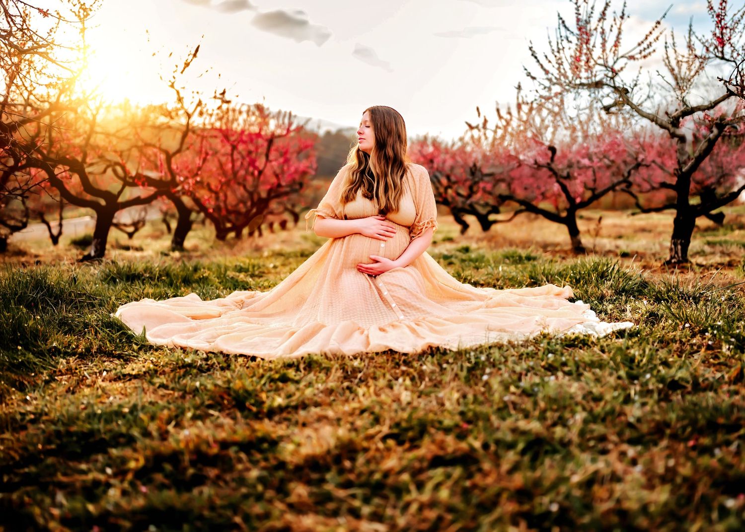 A flowing pink gown trails elegantly through a blooming orchard at sunset, creating a dreamy springtime scene.
