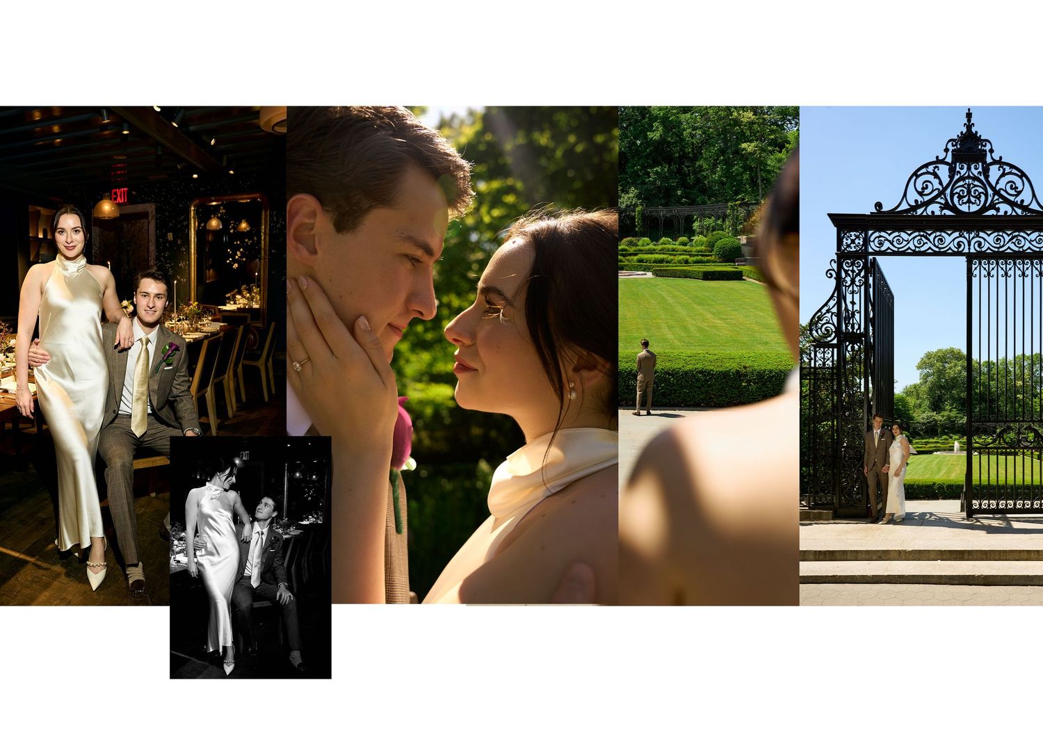 Elegant couple in formal attire at a glamorous event, with lush garden gates and romantic outdoor scenes in a collage.