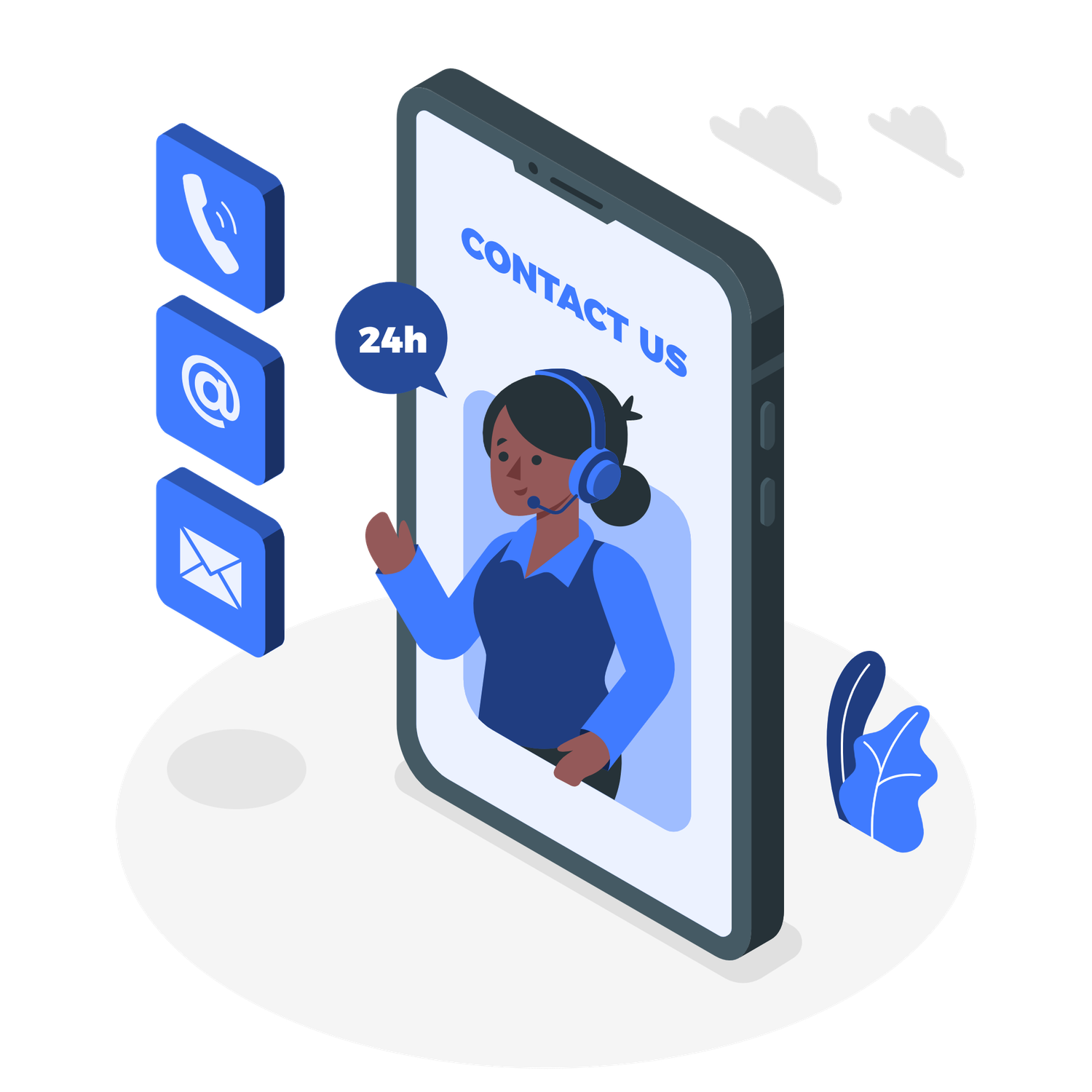 Isometric illustration of a 24-hour customer support agent on a mobile phone with contact icons displayed.