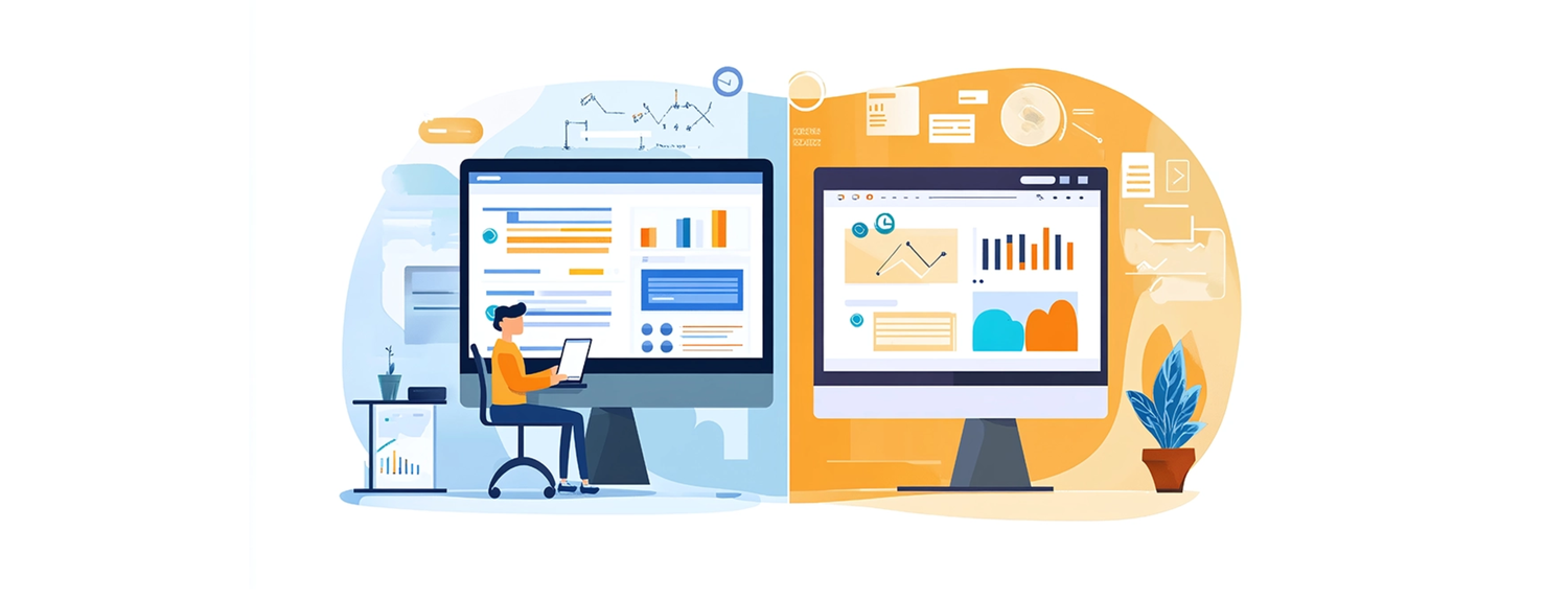 Flat design illustration of a person analyzing data on dual computer monitors with charts.