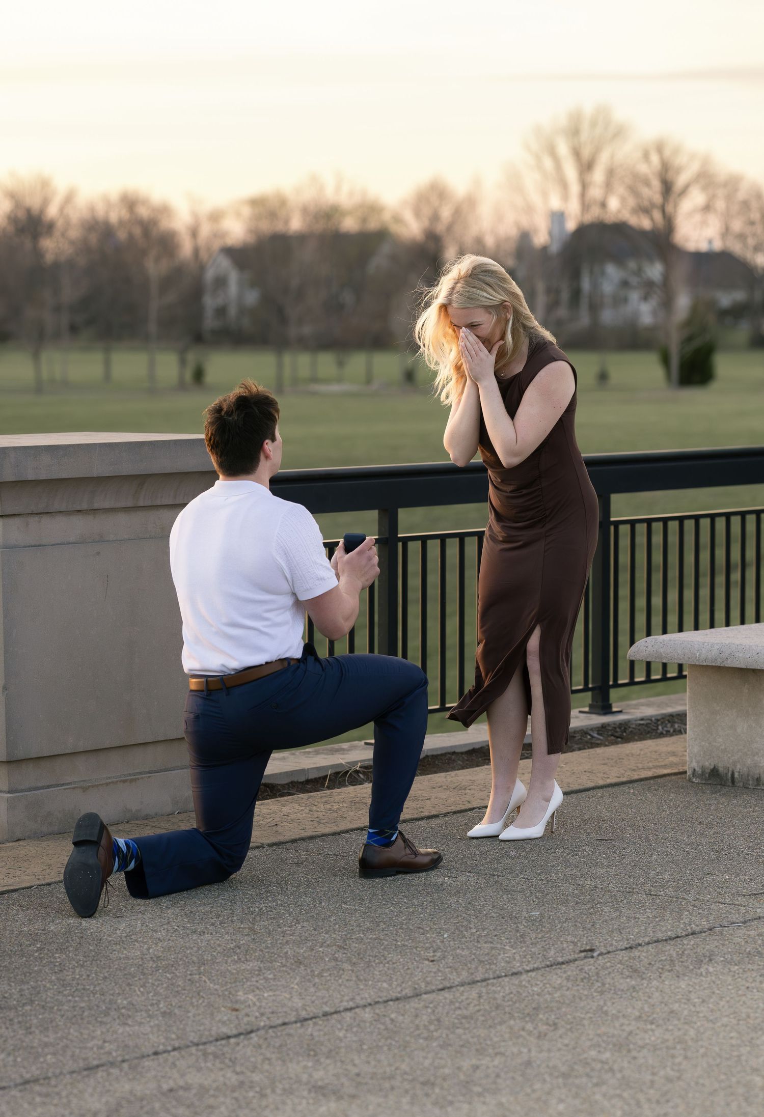 proposing at coxhall gardens at sunset in Carmel Indiana
