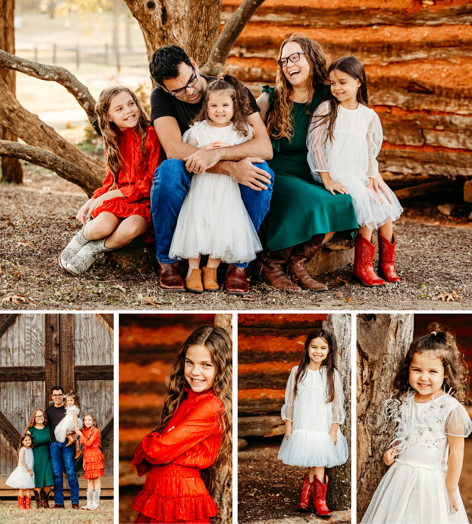 A rustic family photo session featuring cozy fall outfits and natural wood backdrops in warm autumn colors.
