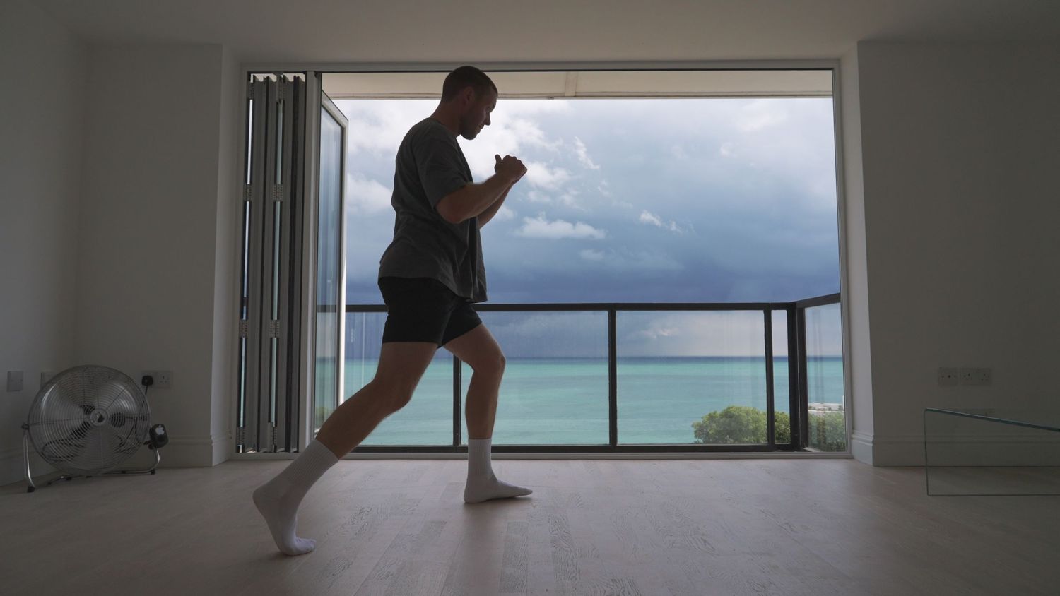 A panoramic sequence shows a figure in silhouette moving across a bright oceanfront window in a minimalist room.