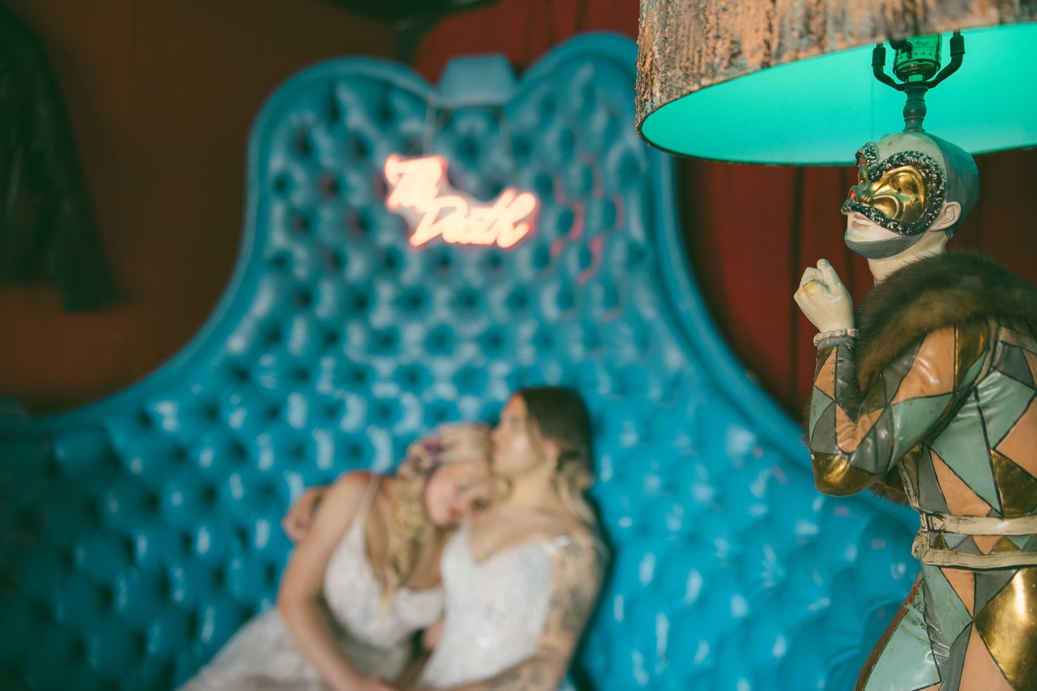 lesbian wedding elopement tufted blue couple funky nontraditonal decor asheville nc lgbtq elope