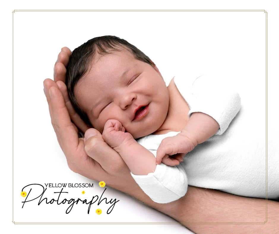 A parent in white clothing holds and kisses a baby wearing white, shown in a series of tender moments.