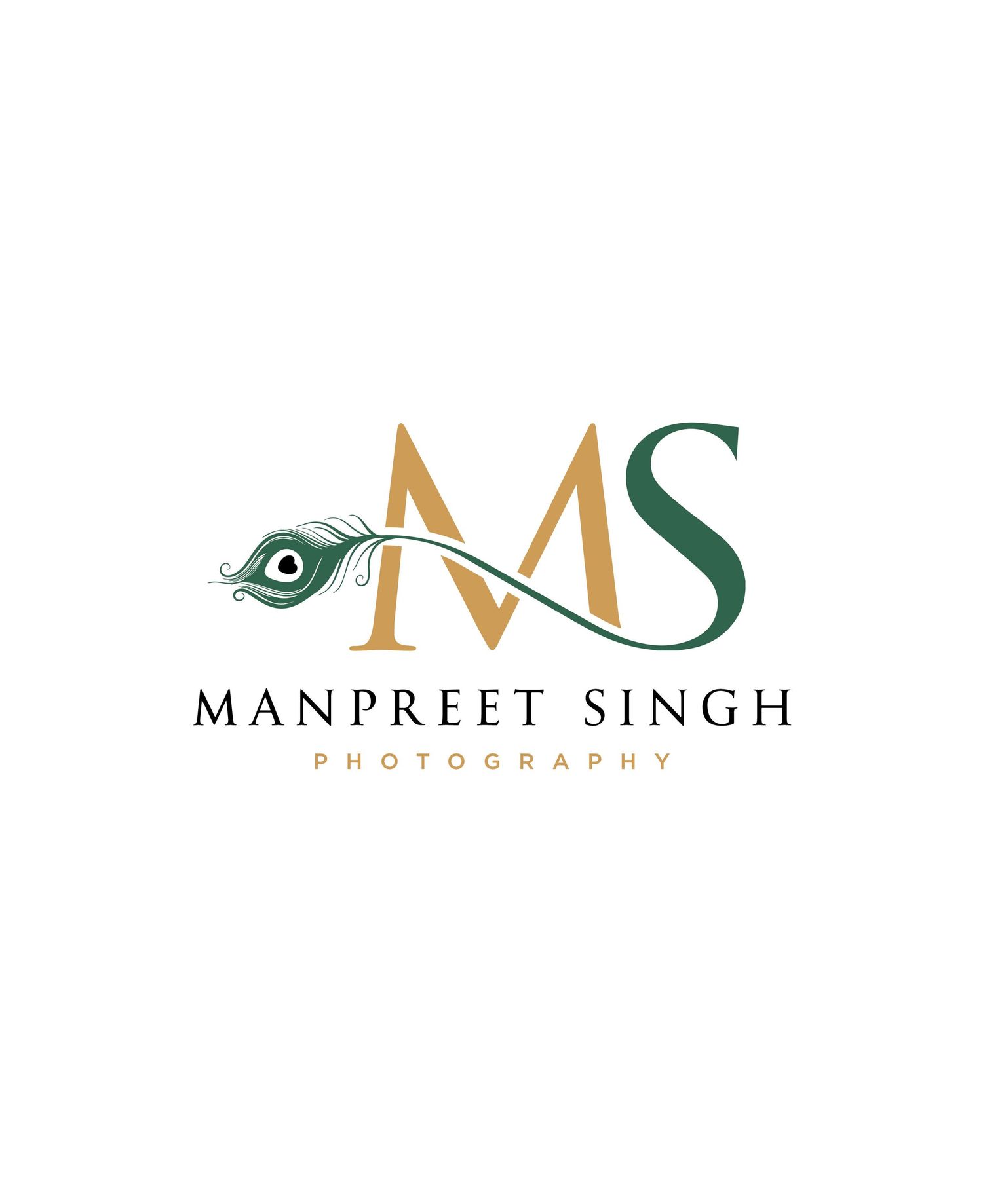 Modern photography logo design featuring MS initials with green and gold colors and eye motif.
