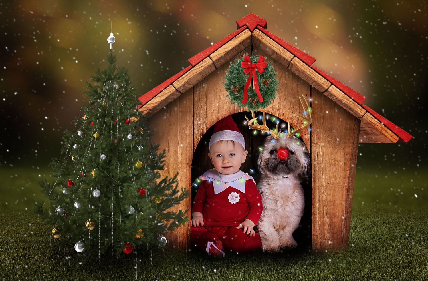 Holiday scene with decorated wooden dog house, Christmas tree and festive decorations.
