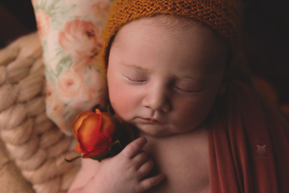 Sleeping newborn wearing orange knit hat with small pumpkin prop.
