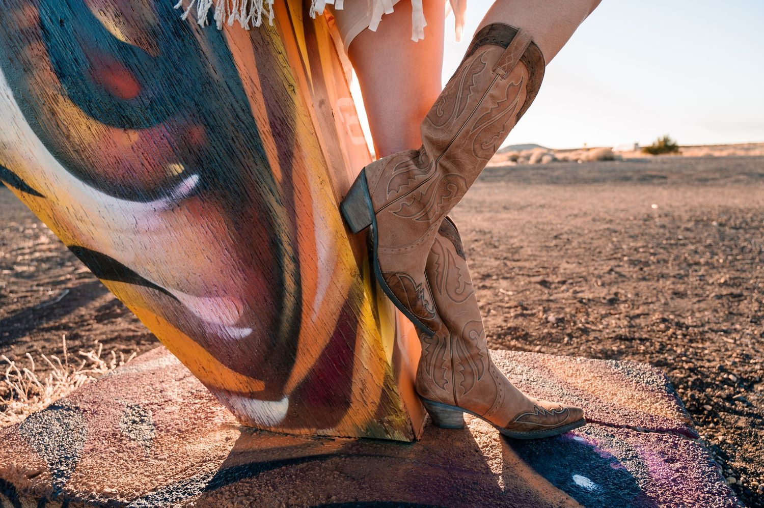 Artistic detail shot of cowboy boots against colorful painted desert background.