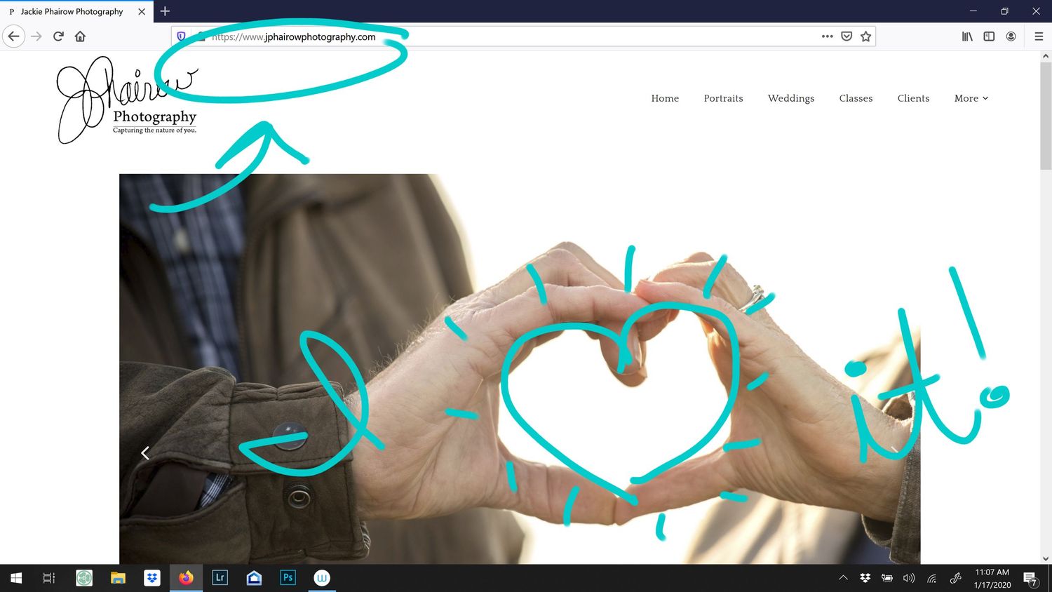 Screenshot of Jackie Phairow photography with a heart drawn on it.