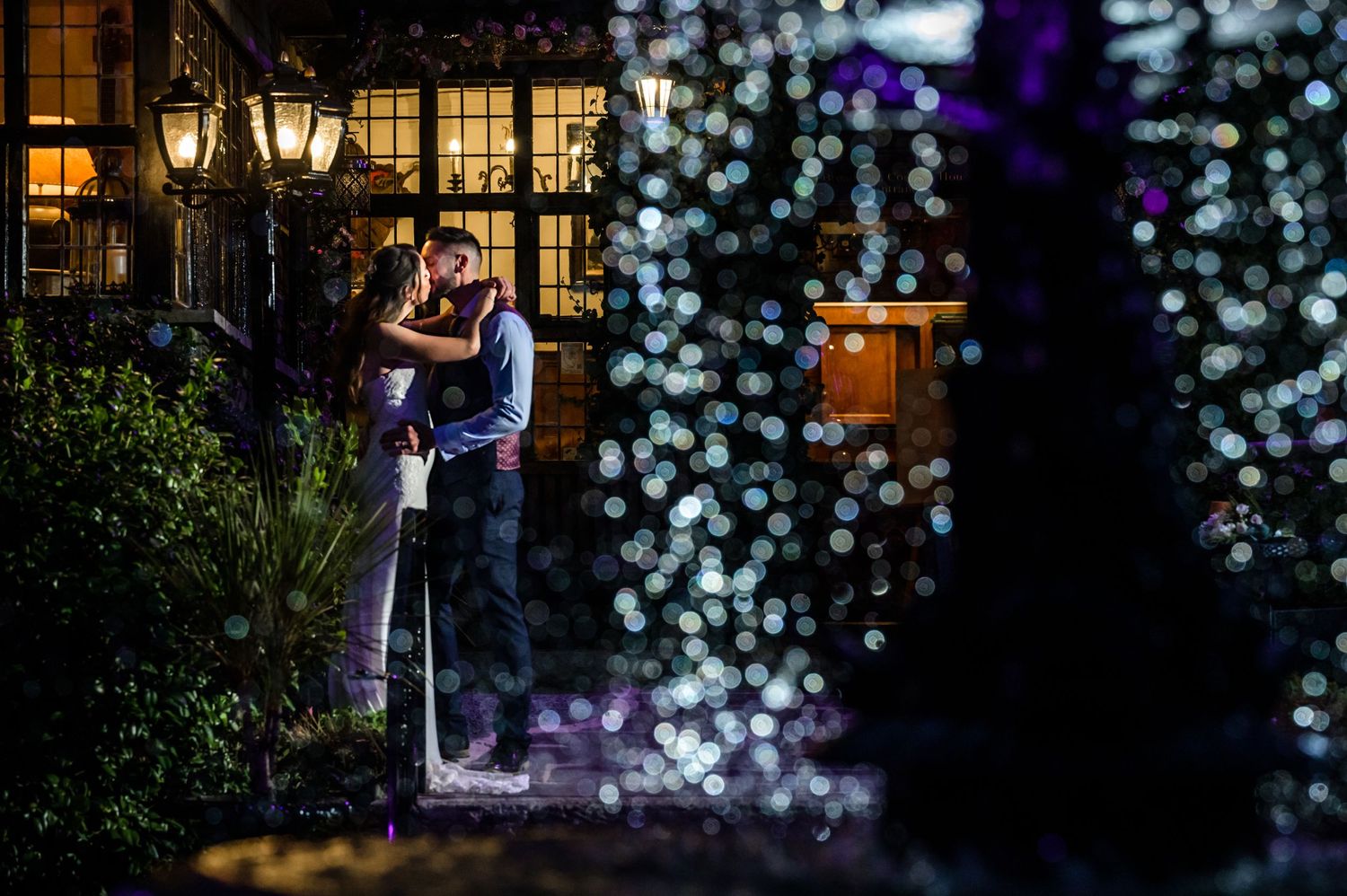 Bride and groom at night after wedding at Broadoaks Country House