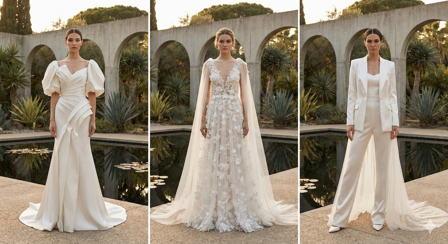 Elegante vestido de novia de encaje con mangas largas, escote ilusión y ramo floral blanco.
