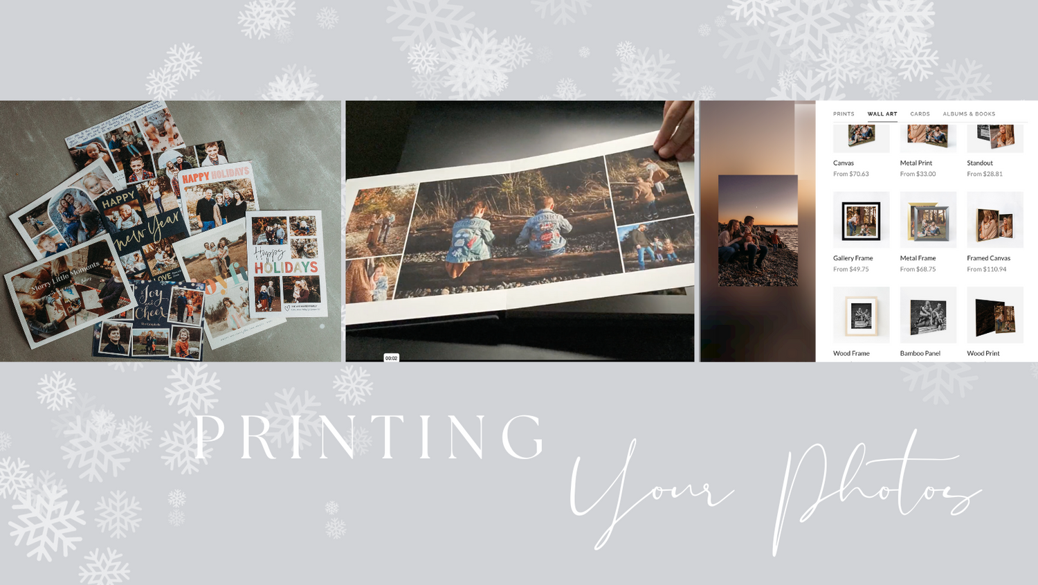 Collage showing various printed photo products and printing services.