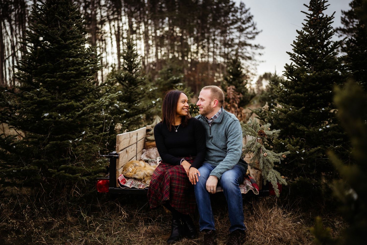 A couple shares an intimate moment on a wooden bench in an evergreen forest at sunset.