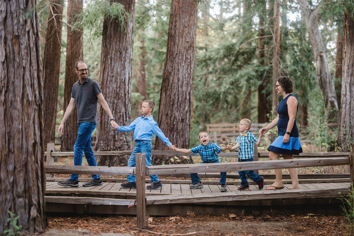 A group walking together on a wooden walkway surrounded by tall redwood trees in a forest.