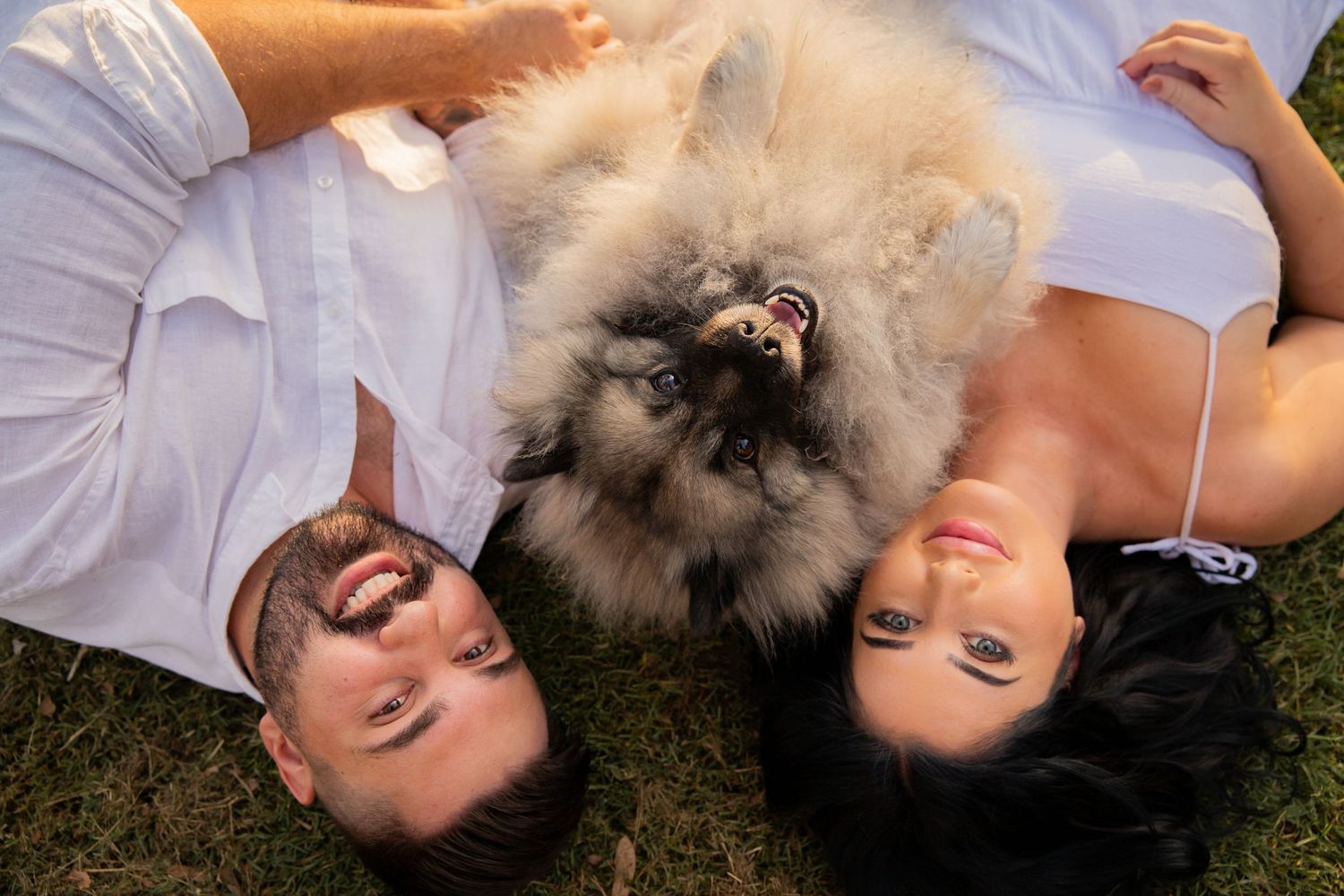 Two people laying on their backs smiling up at the camera. A Keeshond lays in between them