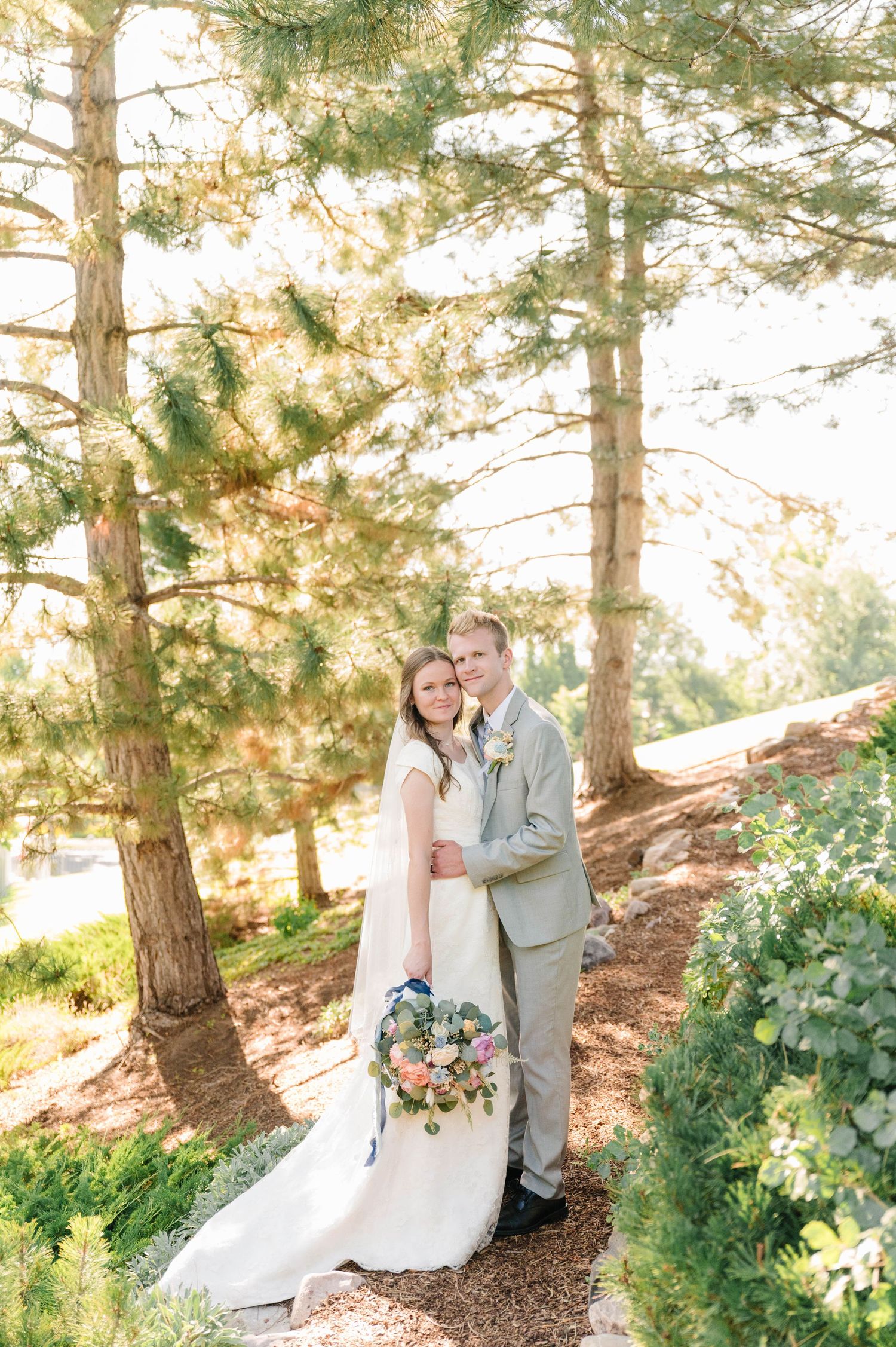 Wedding portrait in sunlit pine forest with couple standing on nature path amid golden light.