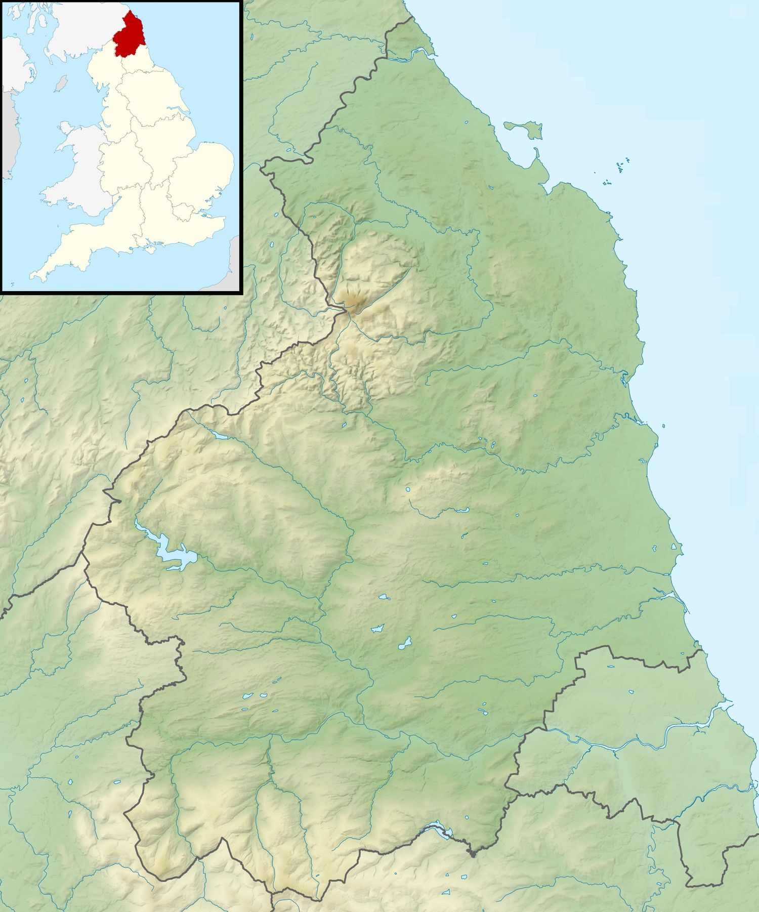 A topographical relief map showing the northern region of England with terrain features.