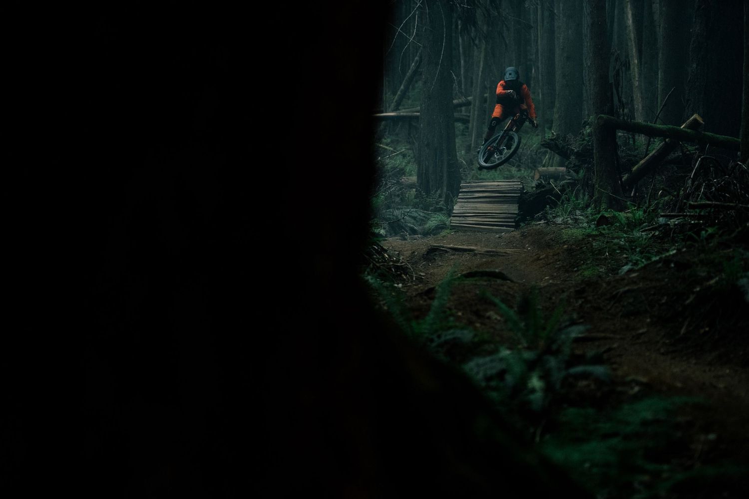 Mountain biker riding wooden trail bridge through misty forest at dusk.