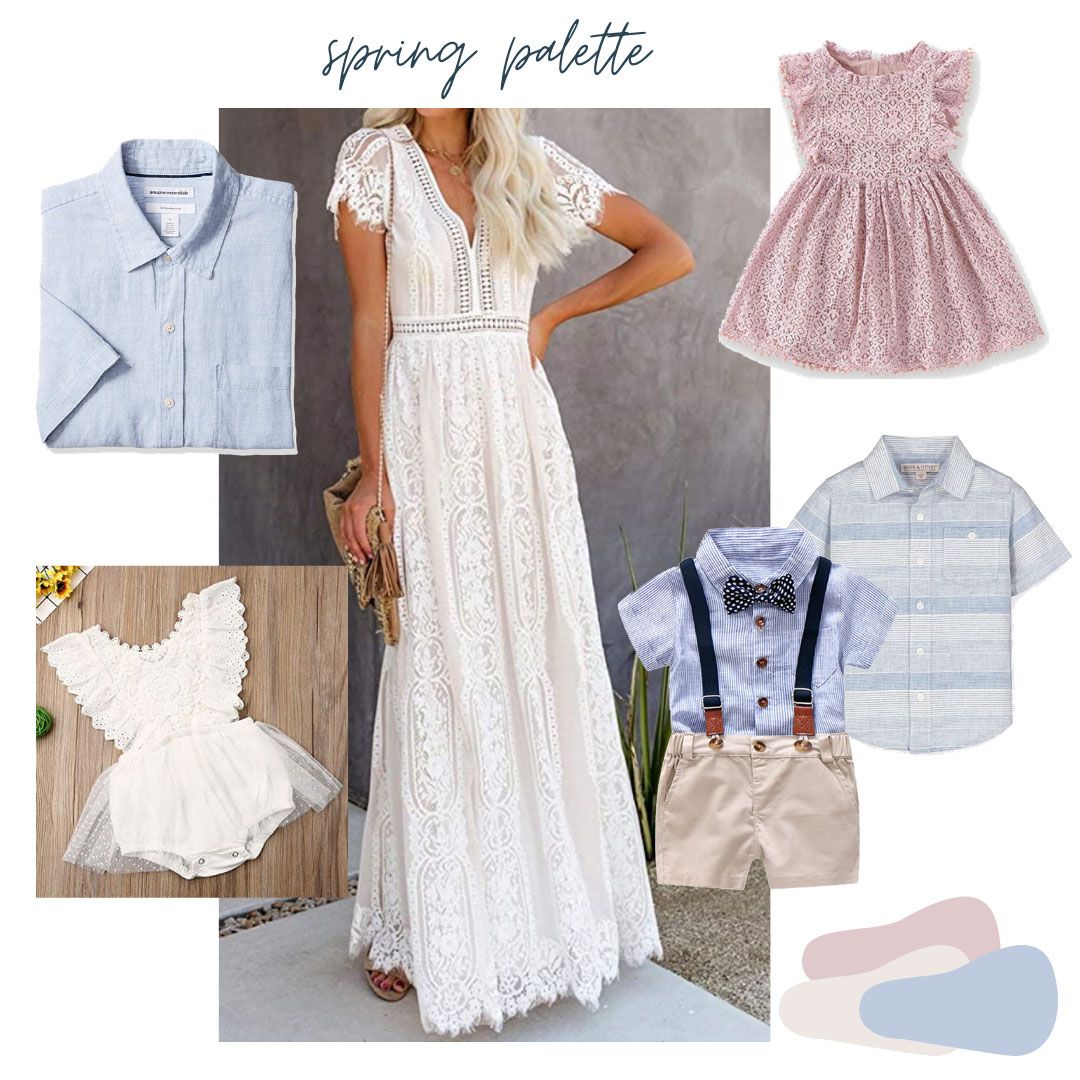 Spring fashion collection featuring pastel dresses and coordinating outfits in pink and blue tones.