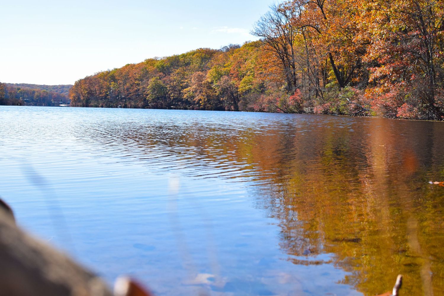 Autumn trees with vibrant fall colors reflect in calm lake waters.