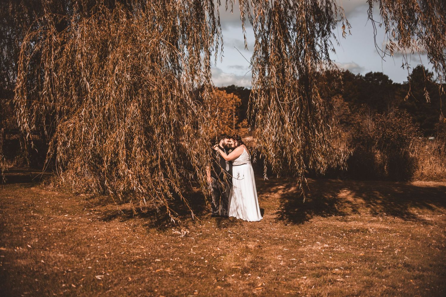 A romantic moment under a weeping willow tree with golden autumn lighting.