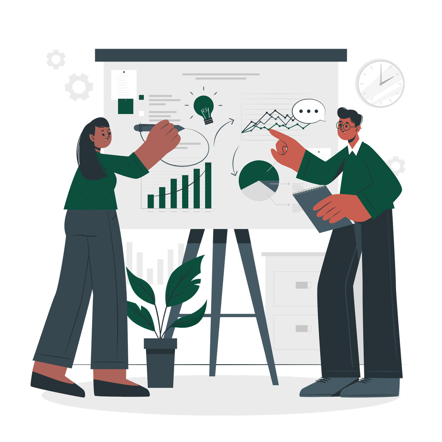 Two professionals analyzing business charts and graphs on a whiteboard during a strategy meeting presentation.