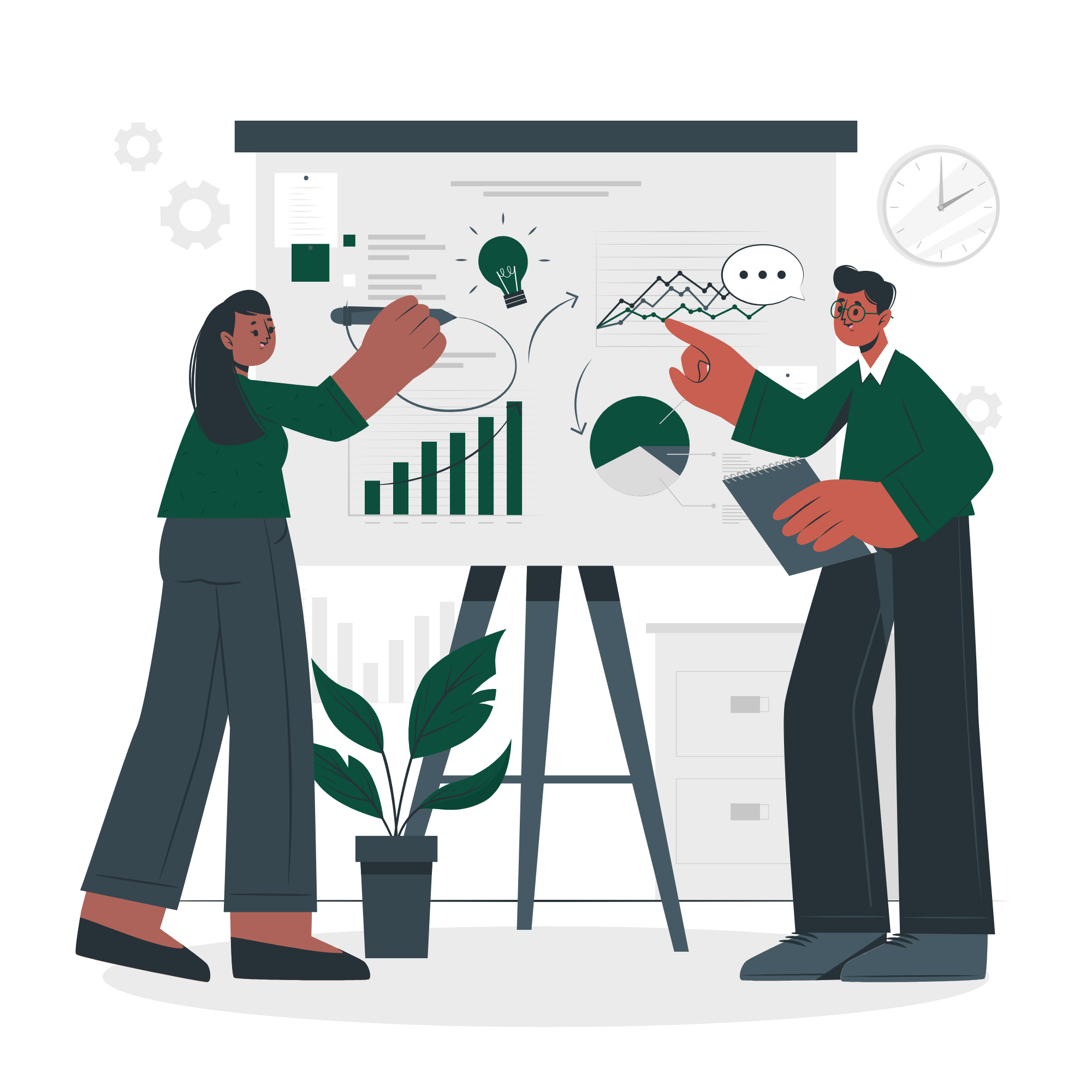 Two professionals analyzing business charts and graphs on a whiteboard during a strategy meeting presentation.