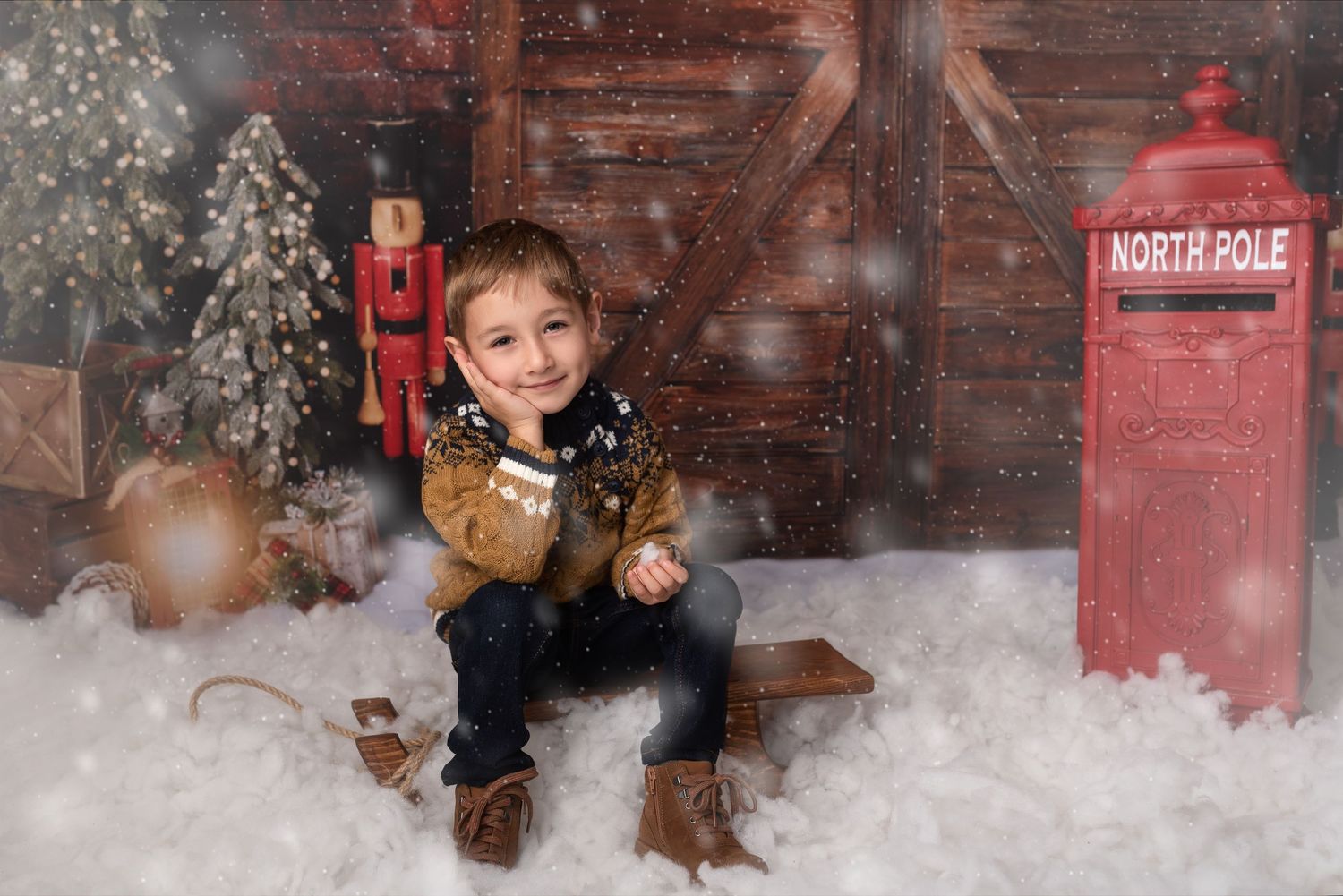 Christmas photoshoot 2024, christmas trees, post box, letters to santa, 2 boys posting letters to santa, snow