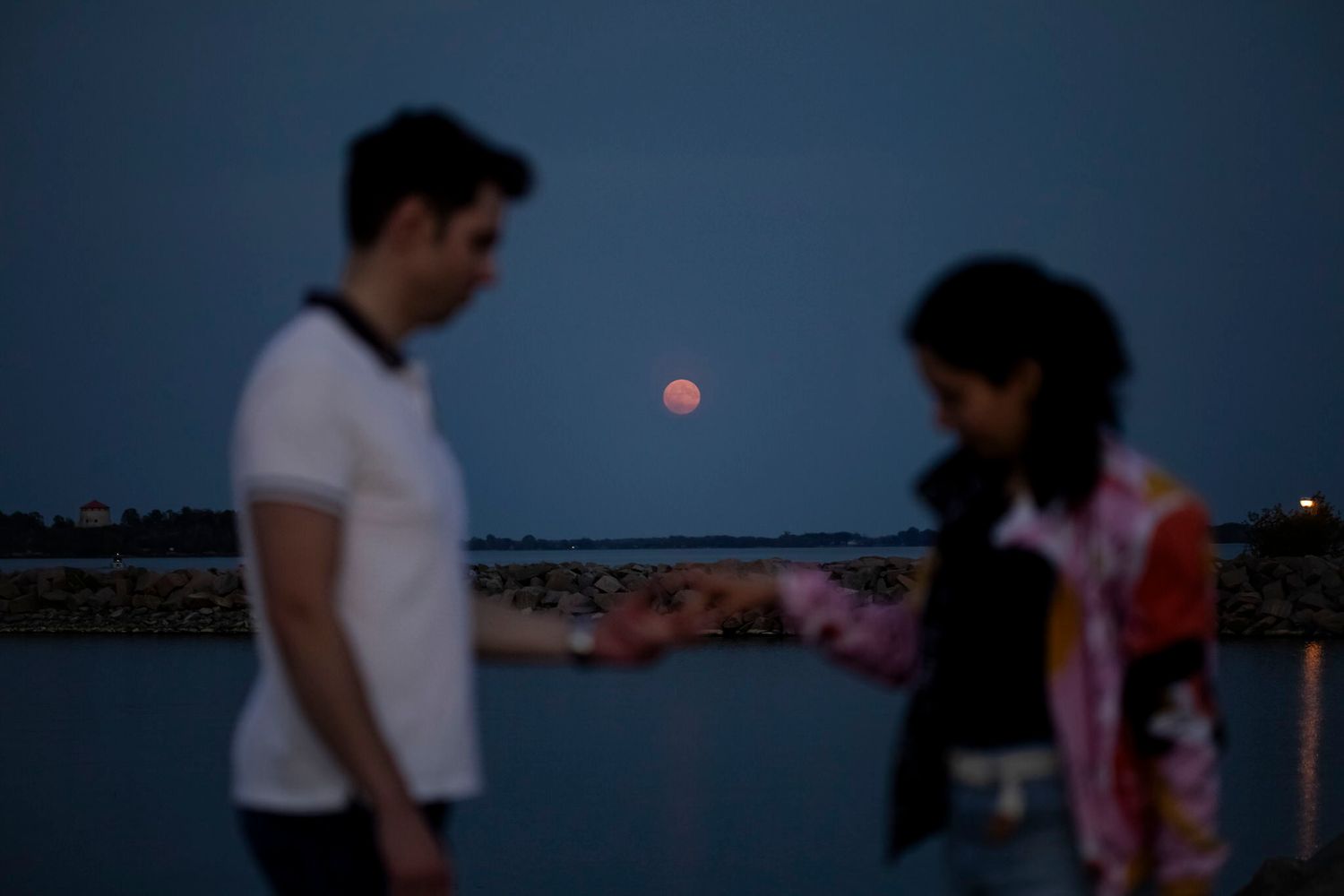 Novella portrait couple standing on the rocks of Battery Park break wall, watching the Harvest moon rise. over Lake Ont.