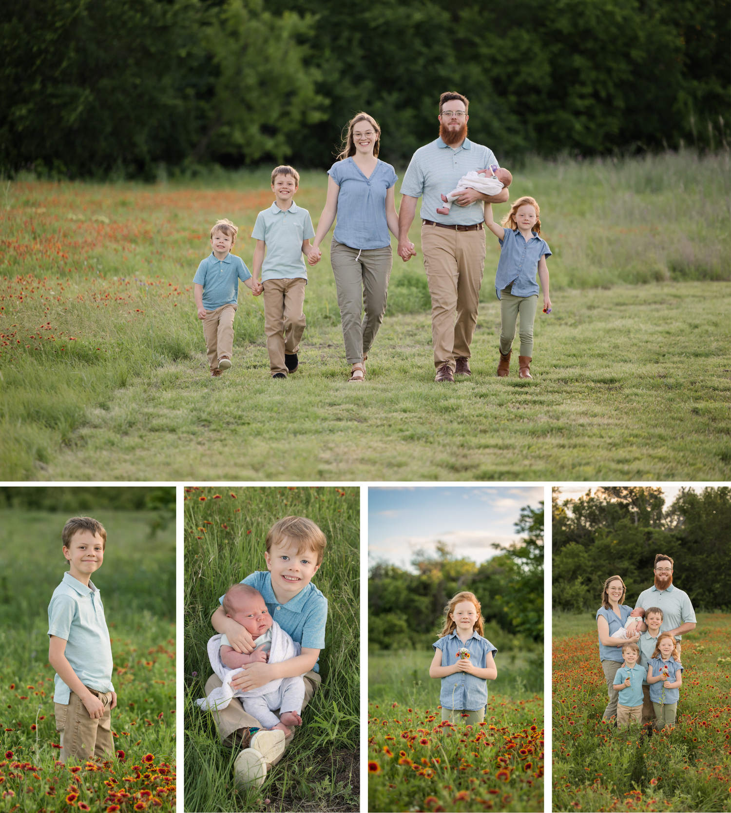 A joyful family of five runs together through a sunny meadow surrounded by green trees in summertime.