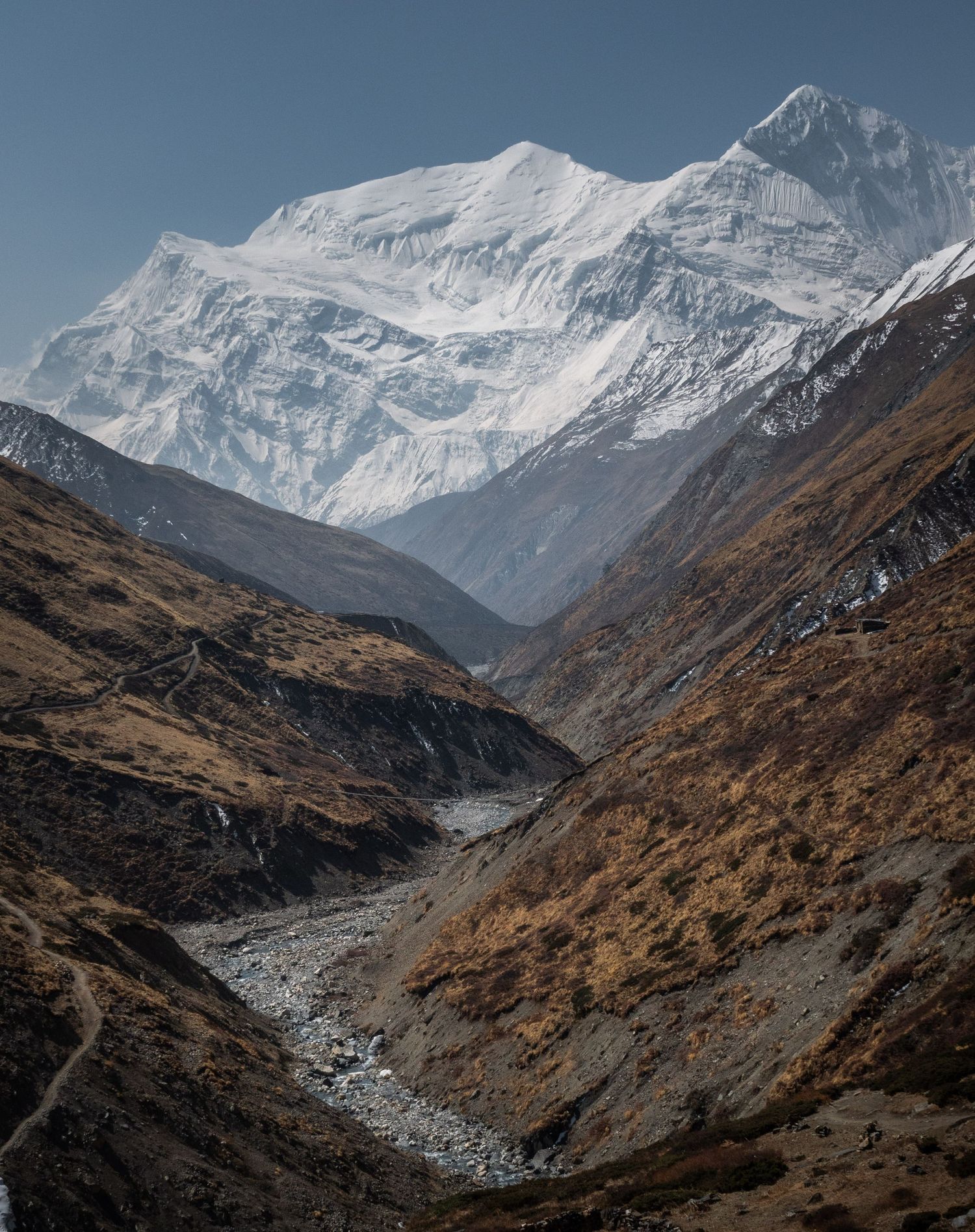 Snow-capped Himalayan mountains tower above a rugged valley with winding river below.