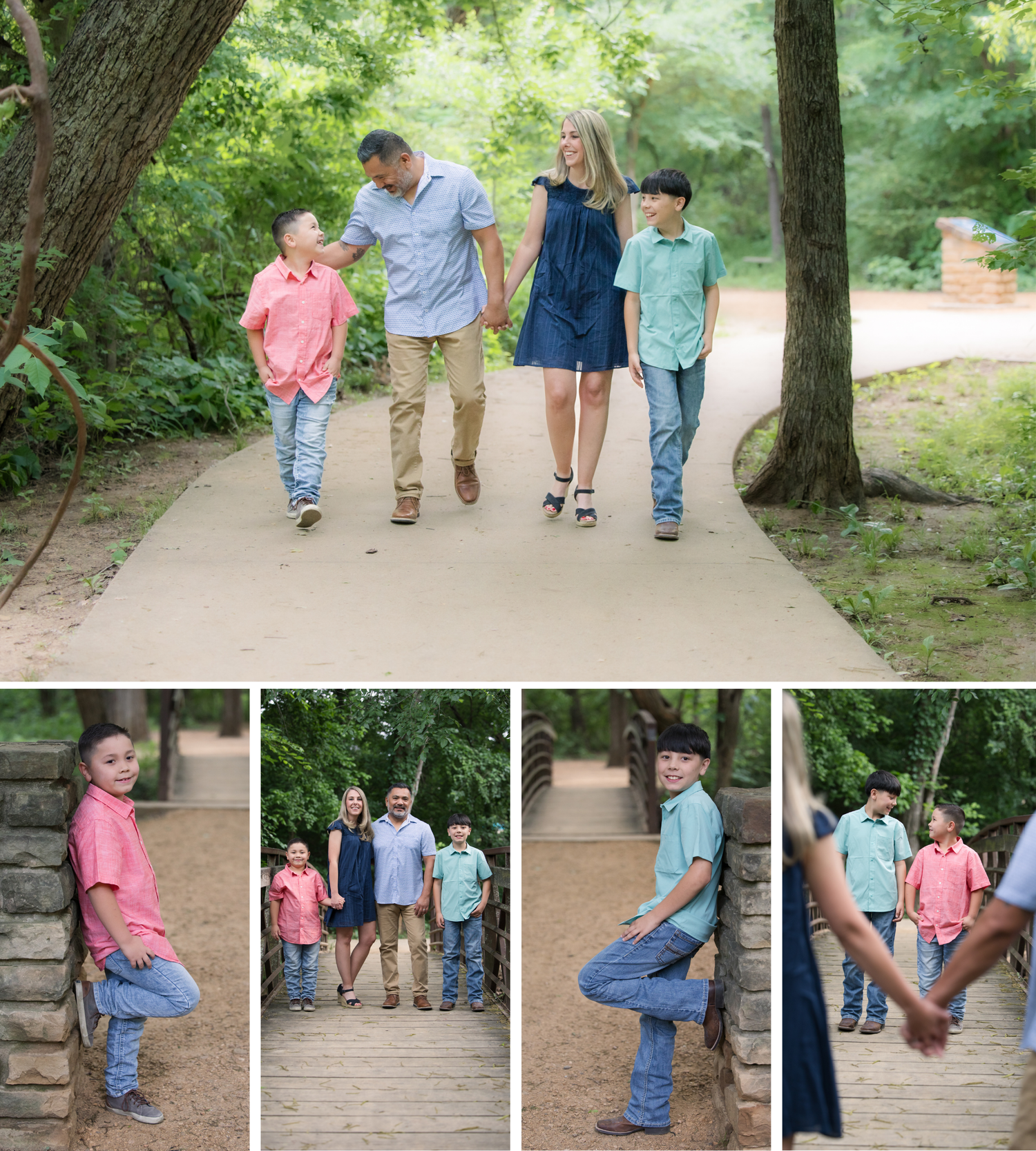 A family of four walks together on a tree-lined path with a gallery of fun poses on the stairs below.