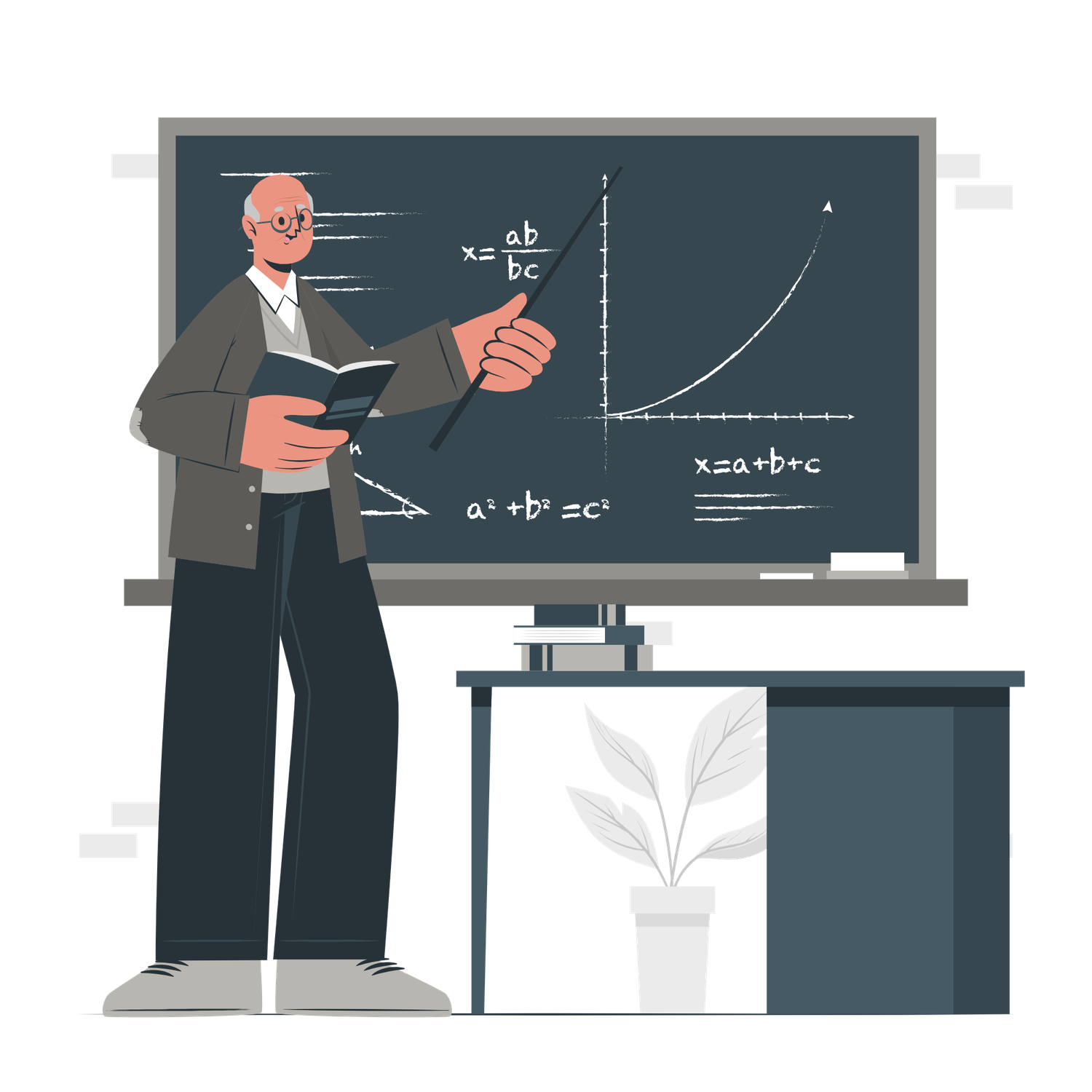 Illustrated teacher pointing at a chalkboard with math equations and a graph in a classroom setting.