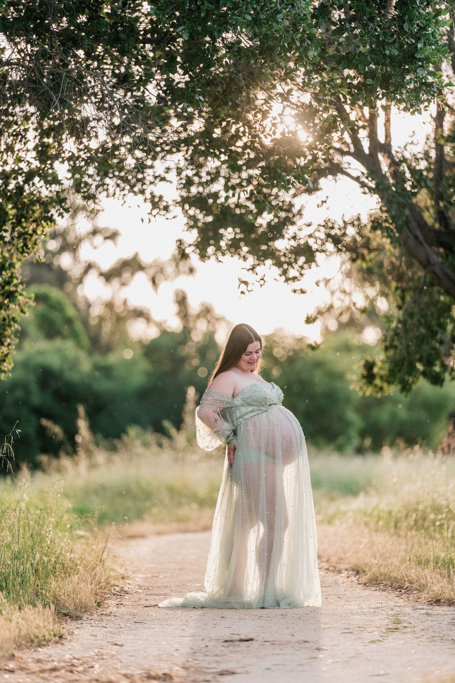 Pregnant woman in sheer mint green gown poses on sunlit garden path surrounded by lush green trees during golden hour.
