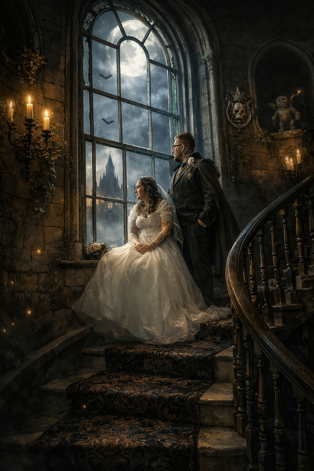 Gothic romance scene in a dark castle interior with moonlight streaming through arched windows and candlelit ambiance.