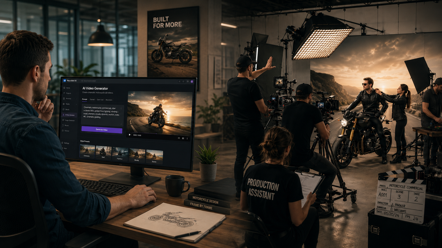 A film production team shoots a motorcycle scene while an editor reviews footage on a monitor in a modern studio.