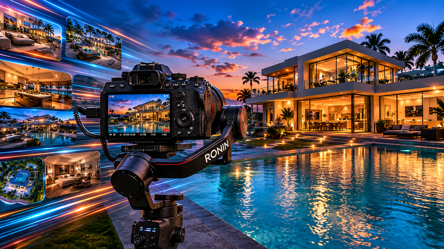A RONIN camera on a gimbal captures luxury real estate photos of a stunning poolside villa at sunset.