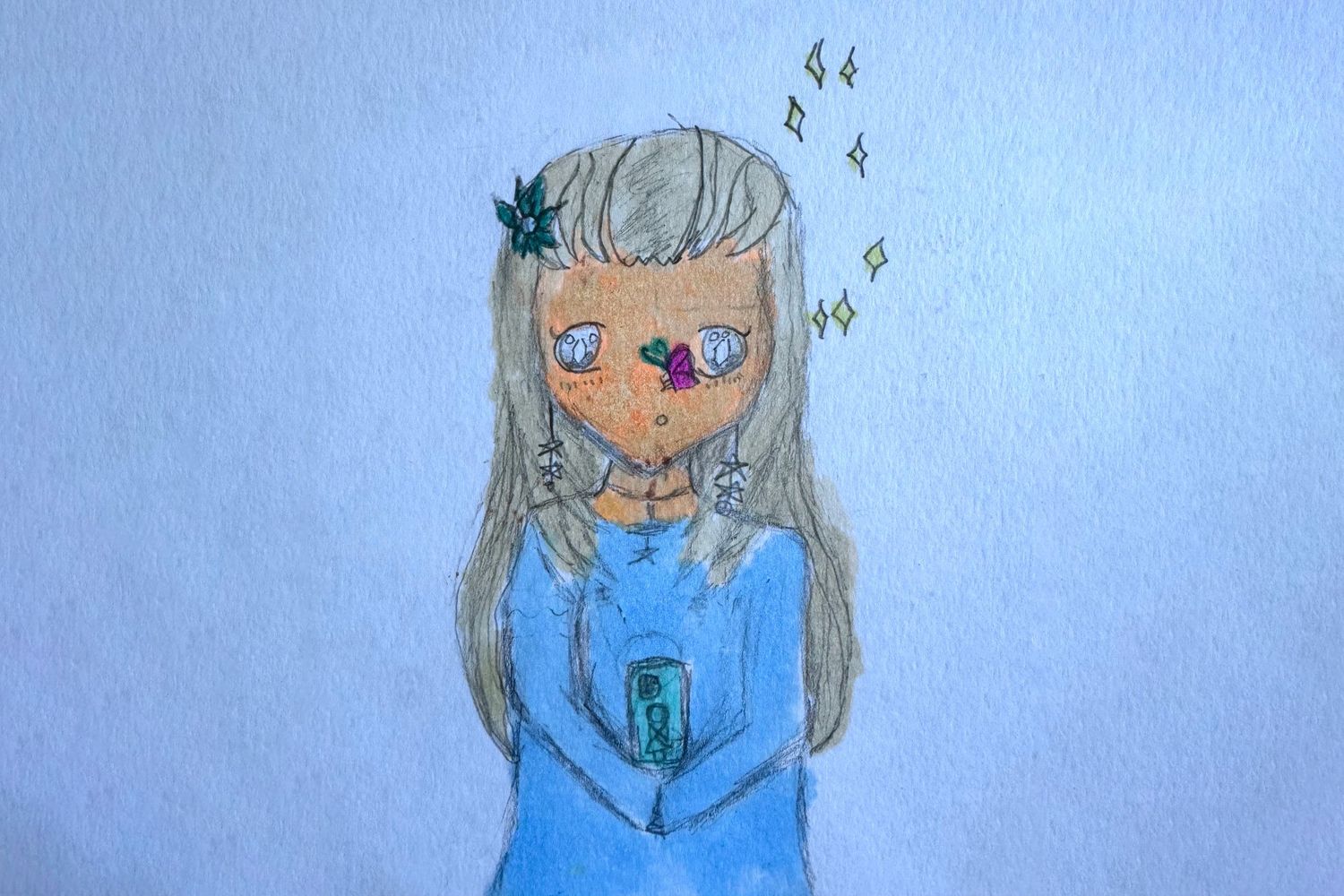 Watercolor drawing of a sad girl with long blonde hair, blue dress, and flower accessories, holding a phone.